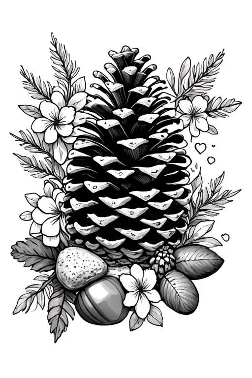 pine cone, rocks, acorns, and flowers tattoo design idea