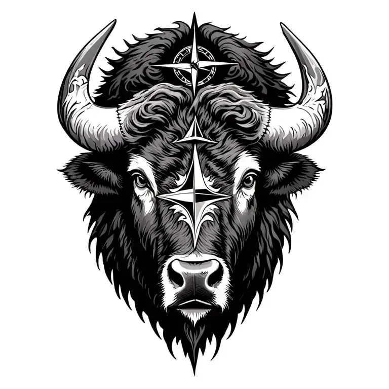 buffalo head with true north compass rose tattoo design idea