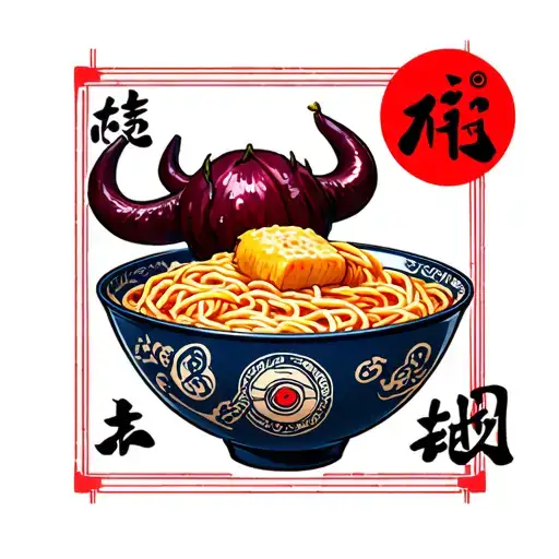 One piece anime devil fruit used as a bowl for ramen, ramen has Naruto symbols tattoo design idea