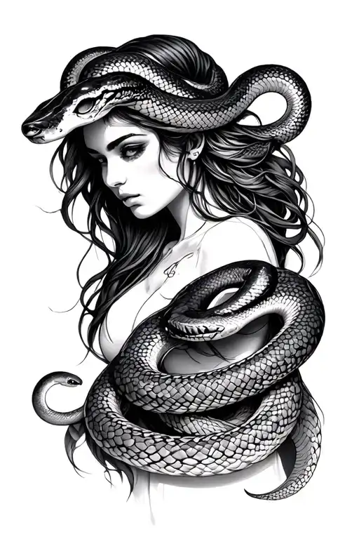 Libra woman with snakes wrapped tattoo design idea