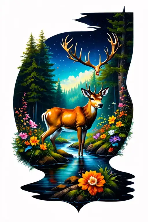FOREST THEME DEER WITH STREAM WITH FLOWER COLORS IN IT tattoo design idea