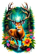 FOREST THEME DEER WITH STREAM WITH FLOWER COLORS IN IT tattoo design idea