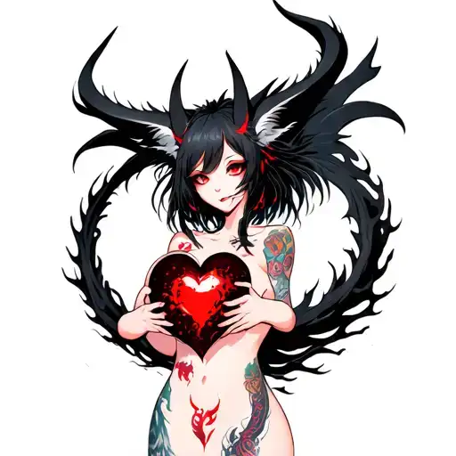tattooed anime demon fox spirit woman holding a shattered heart with a heart shaped black dragon surround tattoo design idea