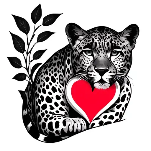 leopard protecting a heart shape tattoo design idea