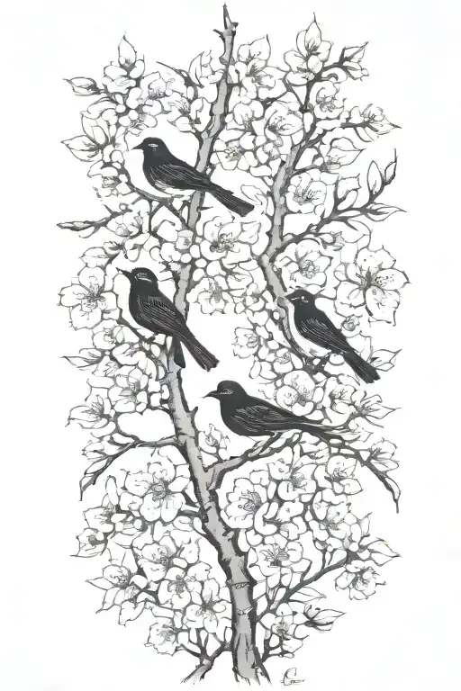 sideways very thin black and white masculine cherry branch tattoo with minimal blossoms  with 4 solid black birds.     tattoo design idea