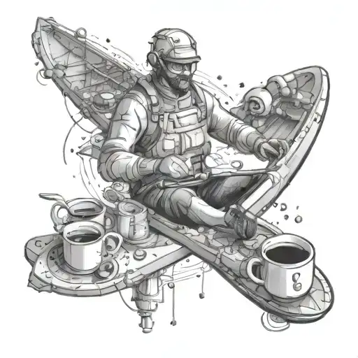 An engineer working on a mechanical kayak design with a steaming cup of tea beside them tattoo design idea