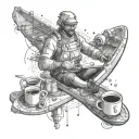 An engineer working on a mechanical kayak design with a steaming cup of tea beside them tattoo design idea
