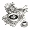 An engineer working on a mechanical kayak design with a steaming cup of tea beside them tattoo design idea