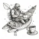 An engineer working on a mechanical kayak design with a steaming cup of tea beside them tattoo design idea