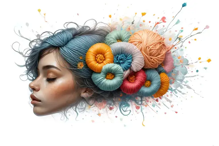 female face with yarn exploding from head with flowers surrounding  tattoo design idea