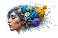 female face with yarn exploding from head with flowers surrounding  tattoo design idea