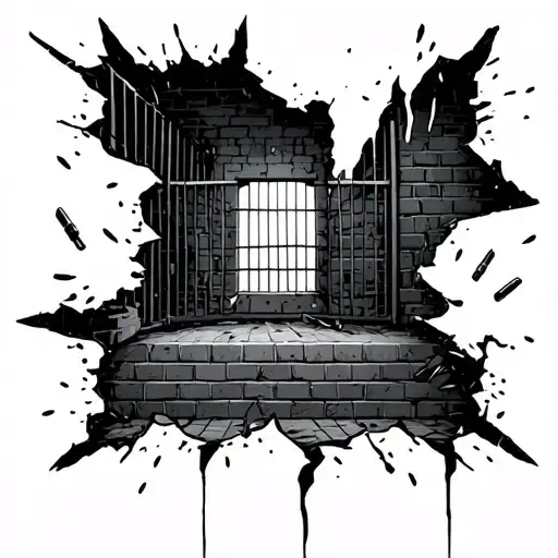 broken brick wall bullet wounds prison fence with an opening  tattoo design idea