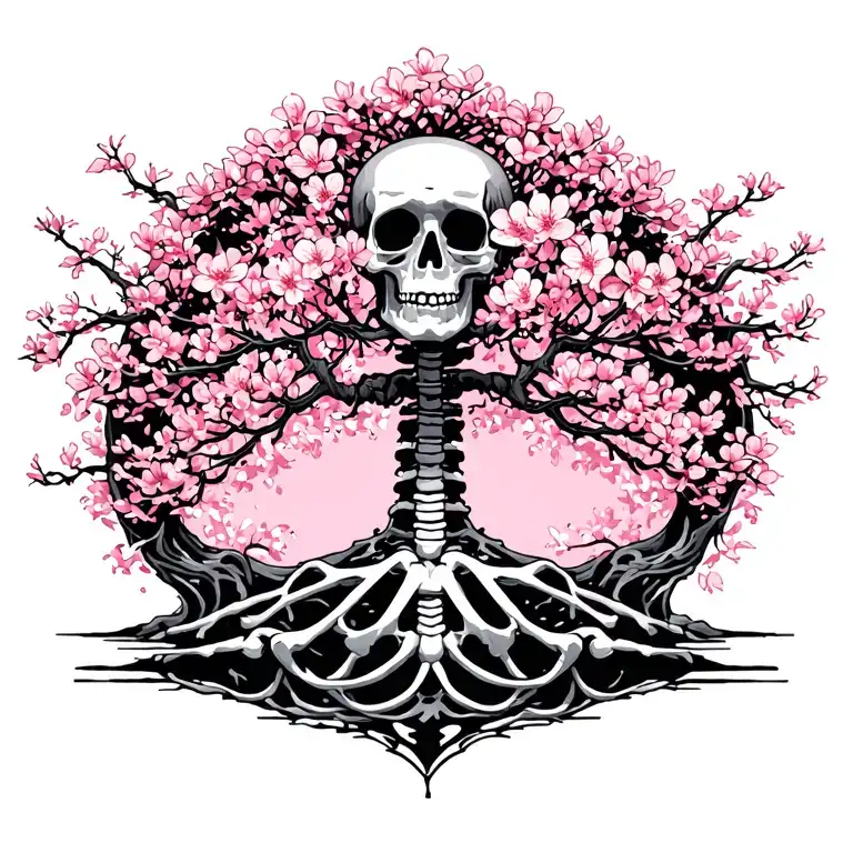 japanise cherry blossom skeleton tree intertwined within tattoo design idea