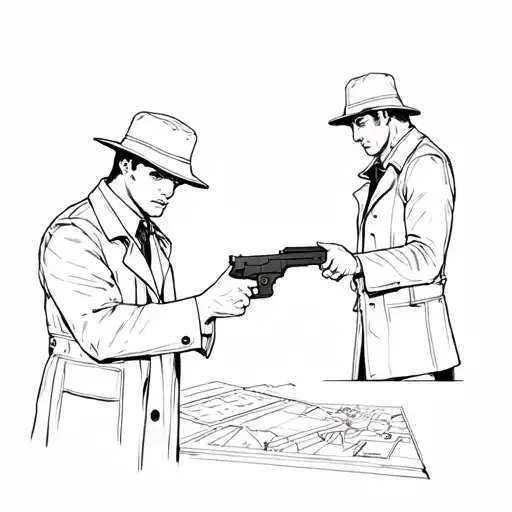 Mafia guy wearing a long black trench coat  and bucket hat pointing a gun at an architect drawing a project tattoo design idea