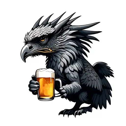 realistic gryphon holding a mug if beer in front of the world tree tattoo design idea