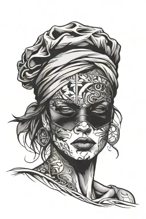 widow woman blindfolded front face tattoo design idea