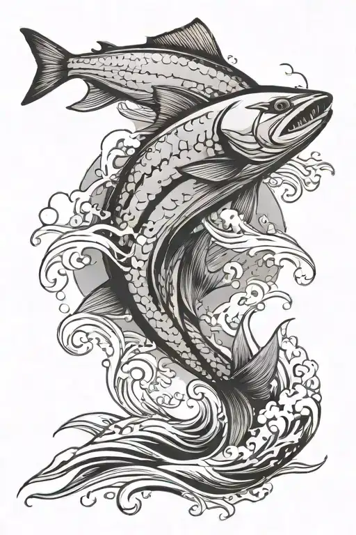 fishing small boat giant salmon on top of ocean waves tattoo design idea