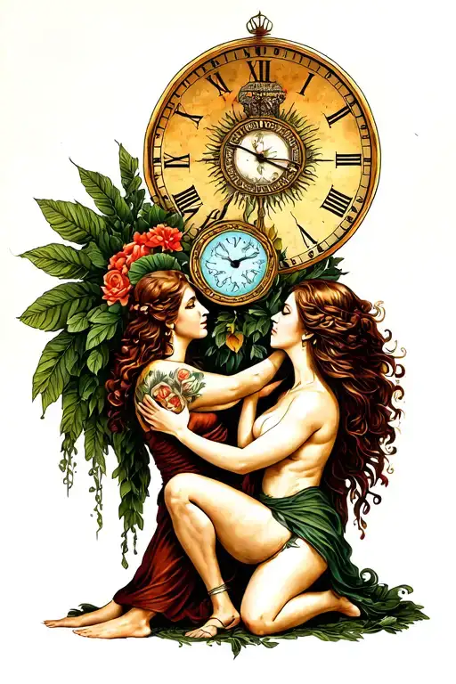 Father time and Mother Nature kneeling woman tattoo design idea