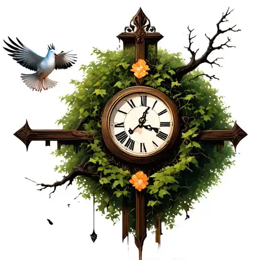 Posion tree growing into a cross, with a dove, and broken clock tattoo design idea