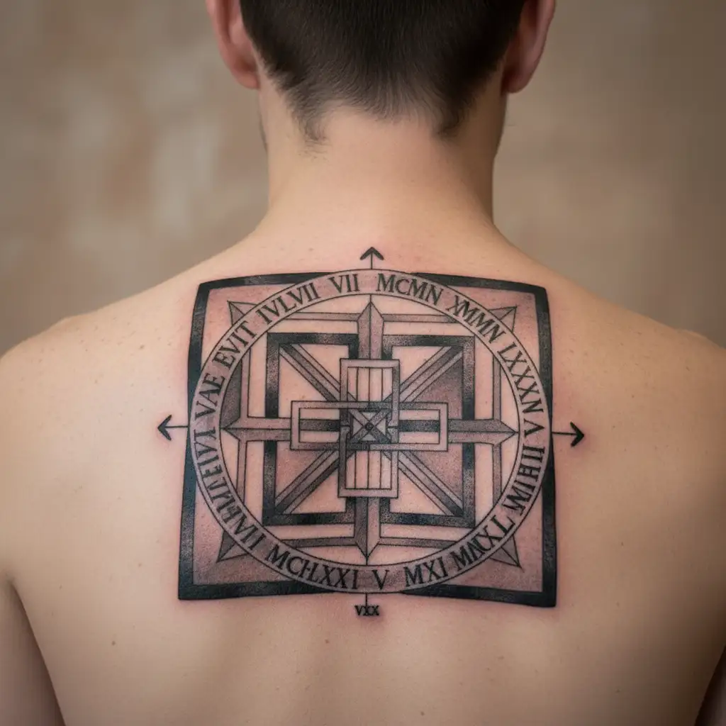 "VIII·XII·MCMLXXI V·I·MCMXLIX" Roman numbers around collar bone  tattoo design idea