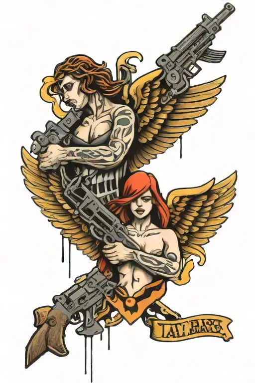 jail bars guns angels tattoo design idea
