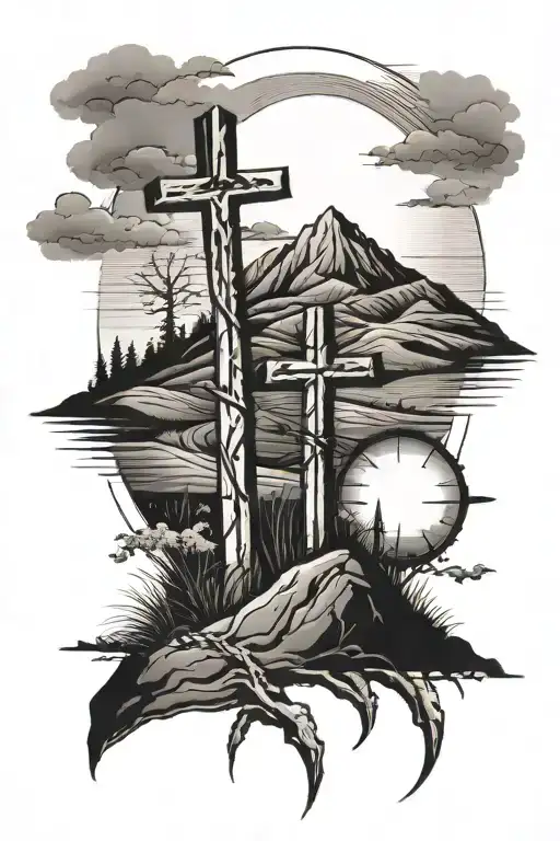 3 crosses on a hill and watch the sunset tattoo design idea