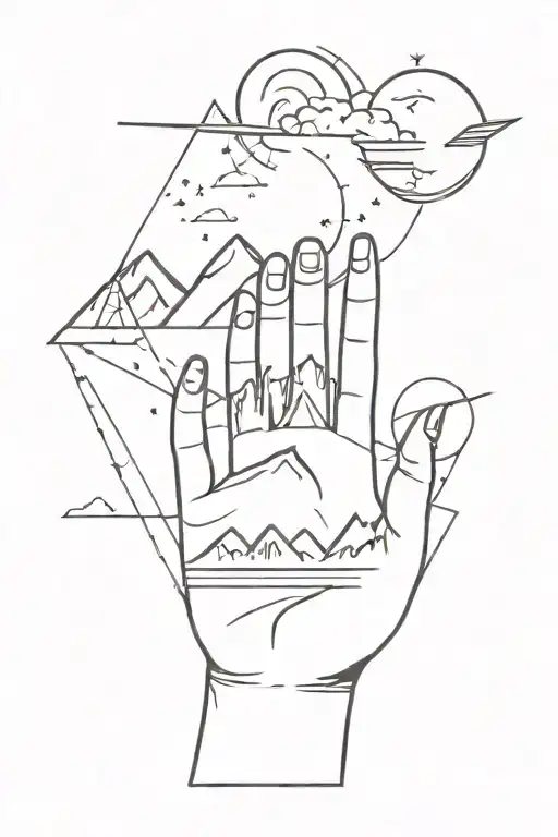 i want linear minimalist tattoo for hand which has beach with moon, mountain with sun, dog face, heart and airplane tattoo design idea
