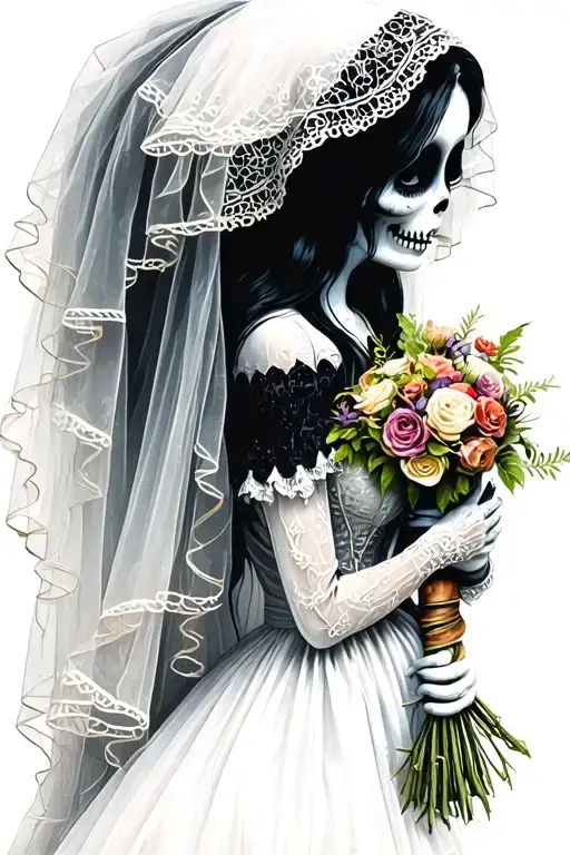 The Corpse bride from the tim burton film in her original wedding dress and veil holding her bouquet of flowers tattoo design idea