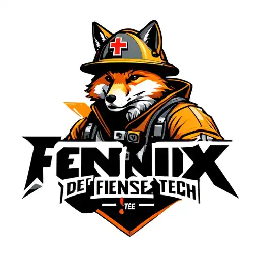 "Fenix Defense Tech" Tough looking fireman fox wearing firefighting gear. Helmet has maltese cross symbol. tattoo design idea