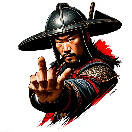 portrait of a Shogun samurai with kabuto helmet doing a hiphop handsign tattoo design idea