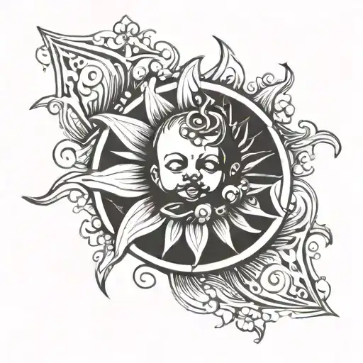 A stylized sun symbol with a baby cradled in its rays, representing new beginnings tattoo design idea