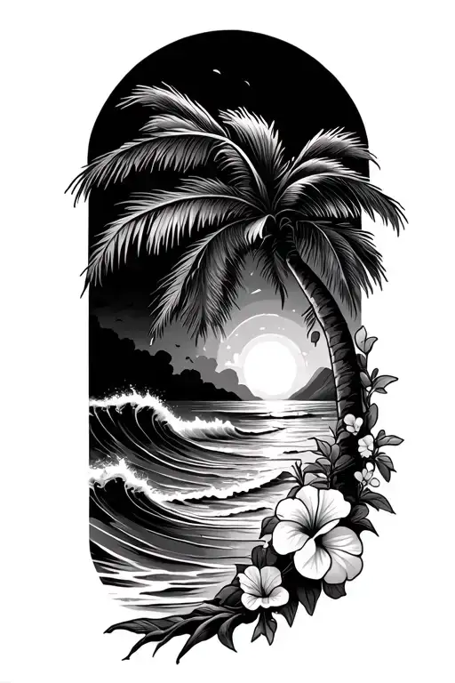 beach with ocean waves crashing with hibiscus vine on the right side and palm tree on the left tattoo design idea