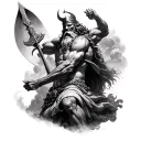 realistic, fine detail of odin in battle with zeus in black and grey scale tattoo design idea