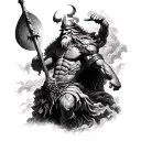 realistic, fine detail of odin in battle with zeus in black and grey scale tattoo design idea