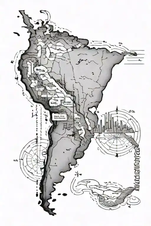 A tattoo in the shape of South America, with the silhouette of a road and the cardinal points marked tattoo design idea