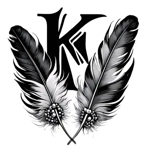 2 feathers together with beads and letter k tattoo design idea