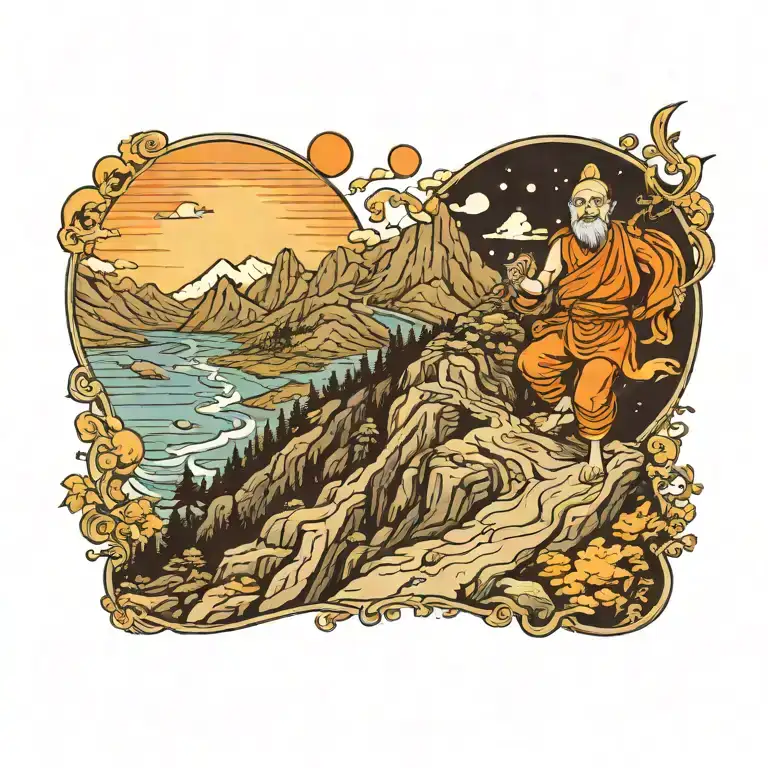 Buddhist symbolism moon man hiking a winding mountain road tattoo design idea