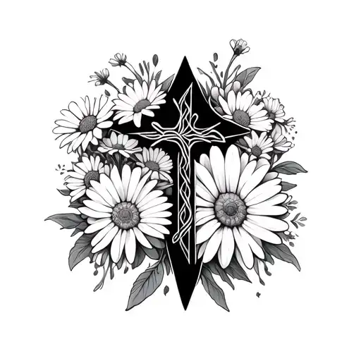 Design a tattoo that is a cross with daisys,asters,cosmos, peonys around it black and white tattoo design idea