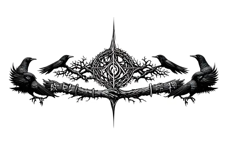 Norse Yggdrasil intertwined with warrior runes arm band iincluding odins crows tattoo design idea