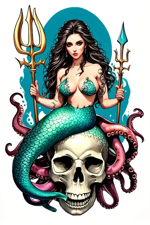 sexy siren mermaid sitting on an octopus skull hybrid holding a trident tattoo design idea