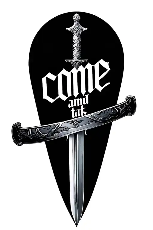 "Come and take it" translated into greek written in old greek font with sword going through the words  tattoo design idea