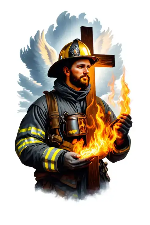 firefighter with catholic cross and flame going into heaven tattoo design idea