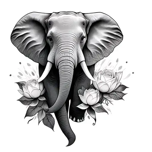 Elephant tattoo with lotus flower and rose blossoms tattoo design idea