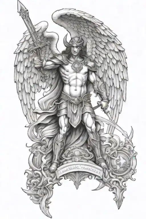 The arch angel Micheal with a sword and shield, The arch angel Gabriel, standing over satan tattoo design idea