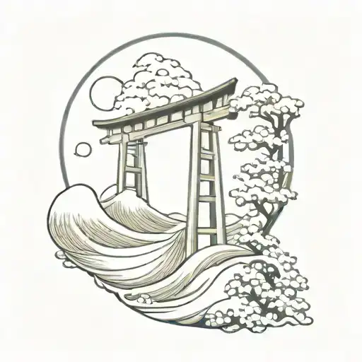 torii gate great wave within circle tattoo design idea