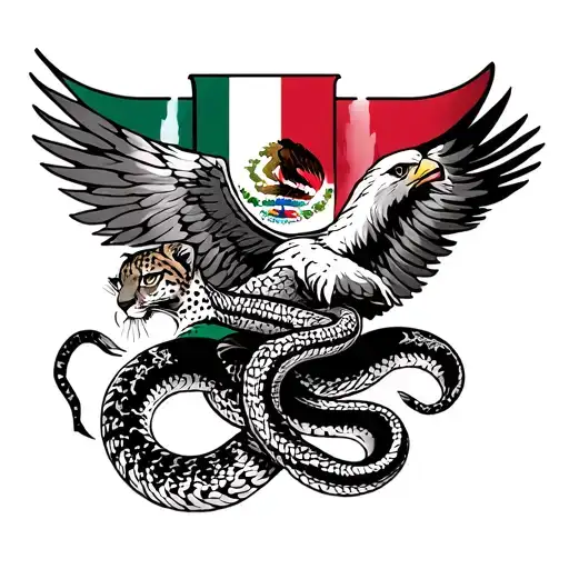Mexican flag eagle catching snake with Aztec in the back and cheetah tattoo design idea