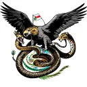 Mexican flag eagle catching snake with Aztec in the back and cheetah tattoo design idea
