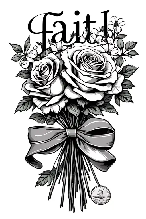 "faith" rose, honeysuckle, clover bouquet tied with ribbon and penny tattoo design idea