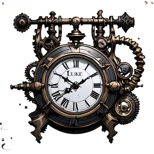 steampunk clock at 11.58 with LUKE on it tattoo design idea