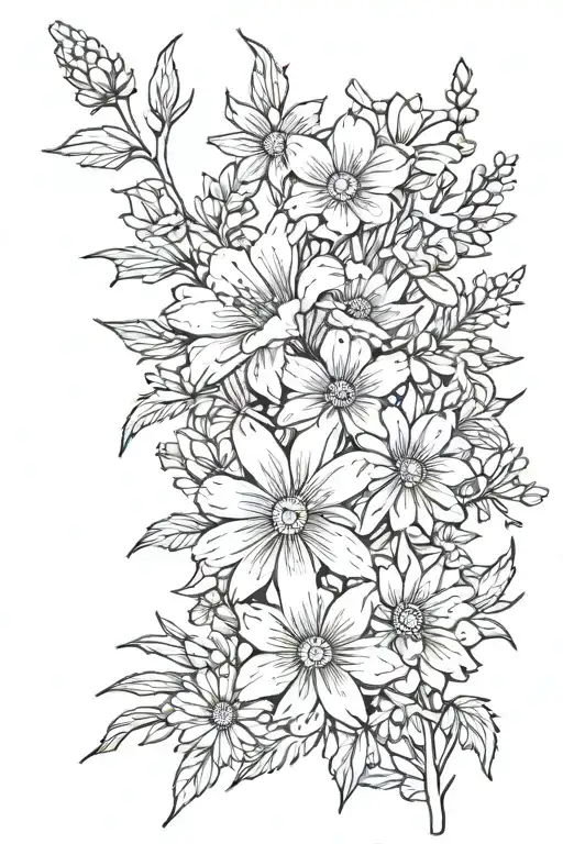 Bouqet with larkspur, aster, carnation, and two daisys  tattoo design idea